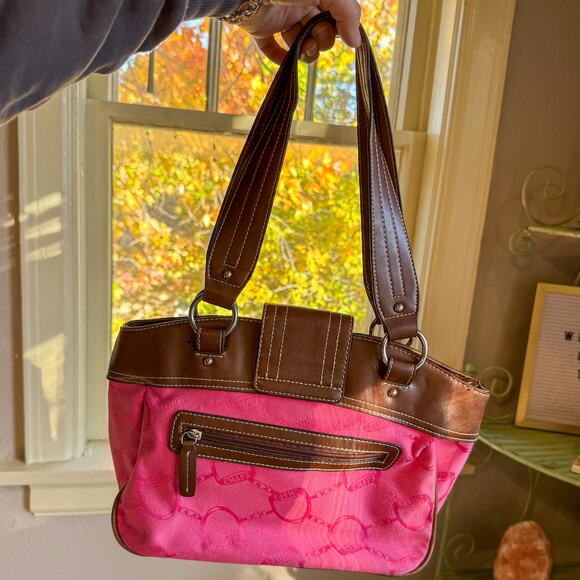 🎀 Y2K CHAPS Hot Pink Logo Shoulder Bag | Barbiecore Monogram & Brown Trim - Picture 2 of 7
